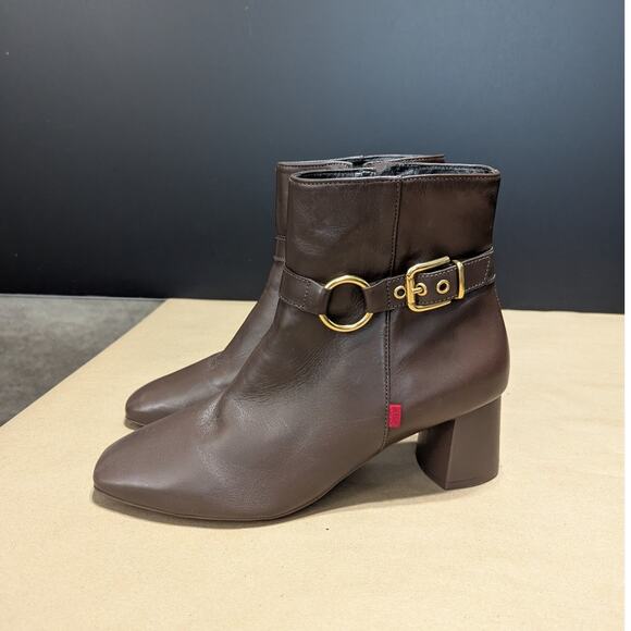Marc Joseph Madison Bootie Brown Leather Heeled Boots Ankle Womens 9 Buckle Zip - Picture 2 of 9